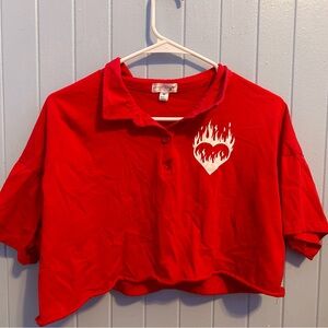 Red Collared Crop Top Shirt Baby Girl Women’s with Heart on Fire Design